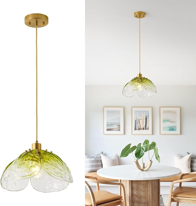 Vintage Gradient Green Pendant Light,Bronze Pendant Lighting Fixture with Handmade Leaf Glass for Bedroom,Kitchen,Hallway,Entryway