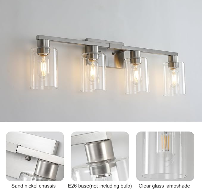 4 Light Bathroom Light Fixtures, Brushed Nickel Bathroom Vanity Light with Clear Glass Shade, Bathroom Lighting Fixtures Over Mirror, Vanity Lights for Bathroom Mirror
