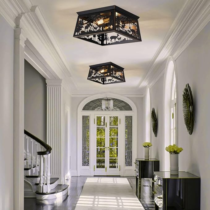 Black Semi Flush Mount Ceiling Light Fixture, Rustic Cabin Deer Ceiling Light Fixture, Metal Country Farmhouse Ceiling Lamp for Hallway Porch Bedroom Foyer Entryway, E26 Bulbs.12.5 Inches