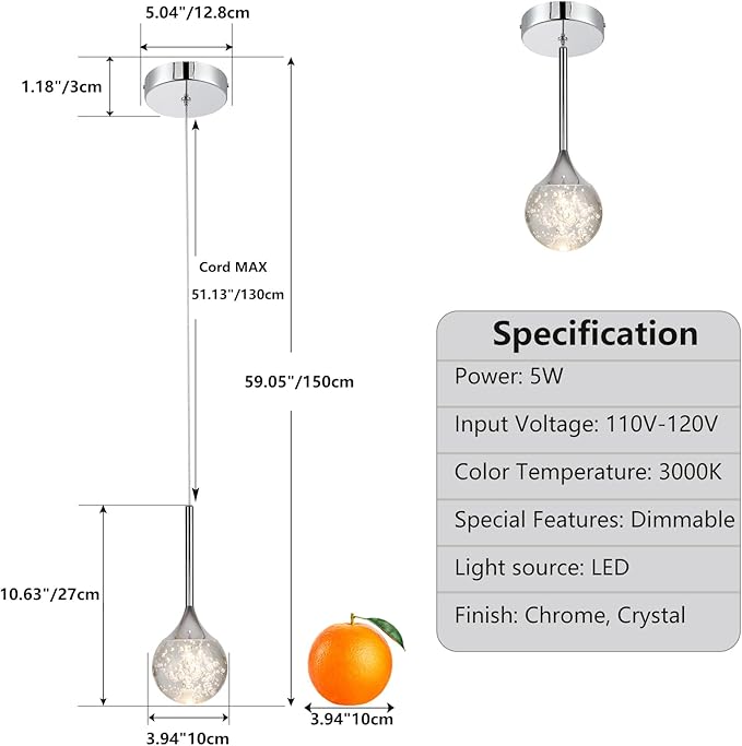 Modern Crystal Pendant Lighting for Kitchen Island Chrome Mini Globe Chandelier Bubble Crystal Dimmable LED Hanging Light Fixtures for Bedroom Bar Bathroom 2-Pack, 3000K