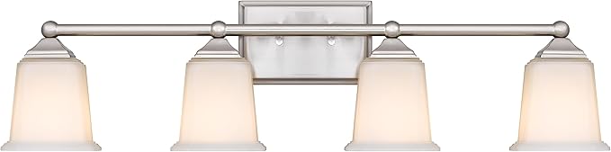 Tawson Nox Vintage 4-Light Vanity Light Modern Wall Sconce Lighting Brushed Nickel with White Glass Shade for Bathroom, Hallway, Entryway, Kitchen, Mirror, Laundry Room