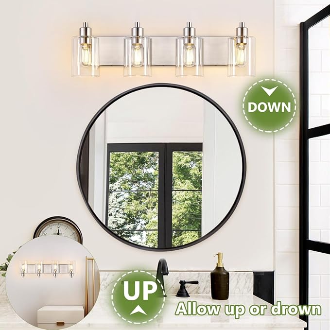 Dpyrrhic Brushed Nickel Bathroom Light Fixtures, Wall Mounted 4-Light Bathroom Lights Over Mirror with Clear Glass Shade,Wall Sconces for Kitchen Living Room Bedroom