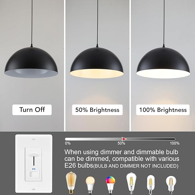 Large Pendant Lights Kitchen Island, 19.7 Inch Black and White Dome Pendant Light，Black Farmhouse Pendant Light, Modern Industrial Kitchen Pendant Lighting Over Island, Dining Room, 2 Pack