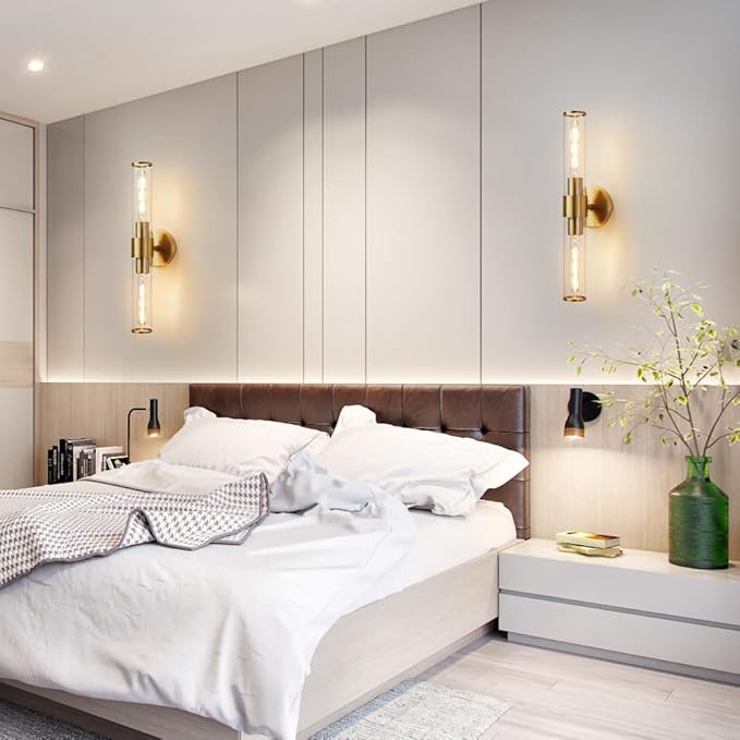 Gold Wall Sconce, Bathroom Light Fixtures in Clear Glass Indoor Wall Sconces, Modern Sconce Wall Lighting Up and Down Vanity Lights Fixtures for Bathroom,Living Room - Bulb Not Included
