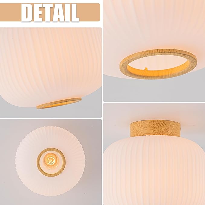 EDISLIVE Mid Century Modern Ceiling Light 9.8" Frosted Milk Glass Flush Mount Lighting Wood Ribbed Glass Light Fixture E26 Minimalist Small Ceiling Light for Hallyway Foyer Bedroom