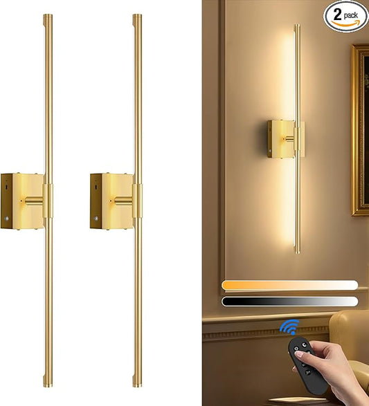 SAIMAND Wall Sconces Set of Two Battery Operated, Wireless USB Rechargeable Wall Lights with Remote, 8000mAh Dimmable LED 3 Color Dimmable Living Room for Bedroom,Hallway,Picture Lamp(30in Gold)