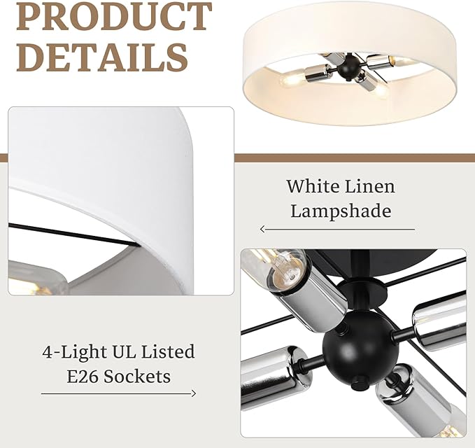 20 Inch Semi Flush Mount Ceiling Lights, Modern Sputnik Chandeliers,4-Light Farmhouse Black and Silver Ceiling Light Fixture with White Fabric Shade, Drum Light Fixtures for Bedroom,Living Room