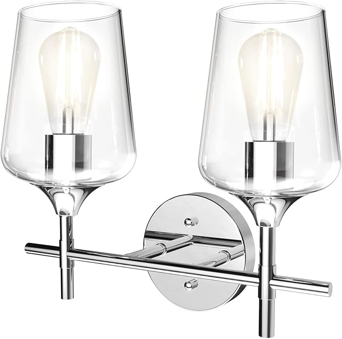 Ralbay Chrome Bathroom Light Fixtures 2-Lights with Clear Glass Modern Wall Mount Lighting Industrial Farmhouse Bathroom Vanity Lights Wall Sconce Chrome