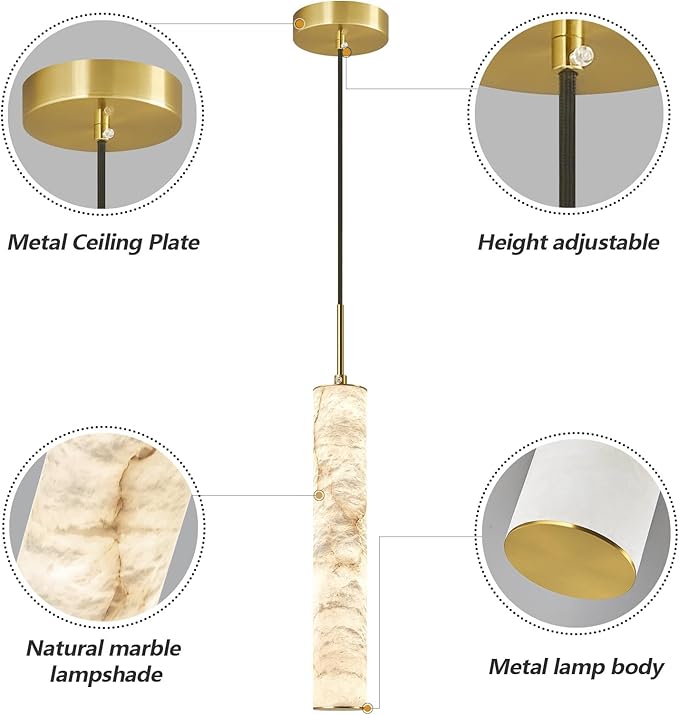 LMQNINE Natural Alabaster Pendant Lights for Kitchen Island White Marble Long Tube Chandelier 4000K Modern Gold Ceiling Light Fixtures for Bedroom Dining Room Table Living Room Hallway(M-2Pack)