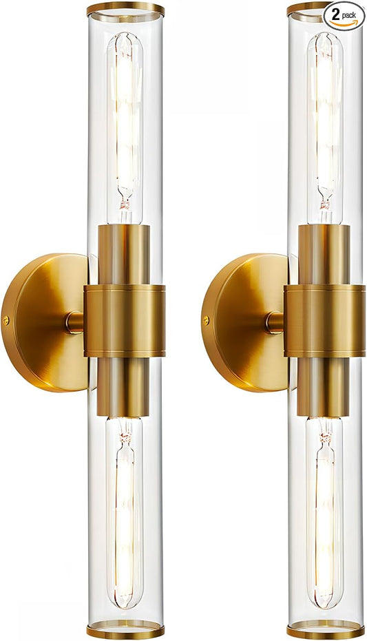 Gold Wall Sconce 2 Pack Hardwired, Bathroom Light Fixtures Clear Glass Featuring Two E26 sockets, Vanity Lights Fixtures for Bathroom, Dimmable - Bulb Not Included, UL Certification