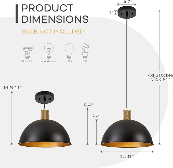 12 Inch Black Dome Pendant Lights 3 Pack for Kitchen Island, Height Adjustable Farmhouse Industrial Hanging Light Fixtures Over Table for Dining Room, Entryway
