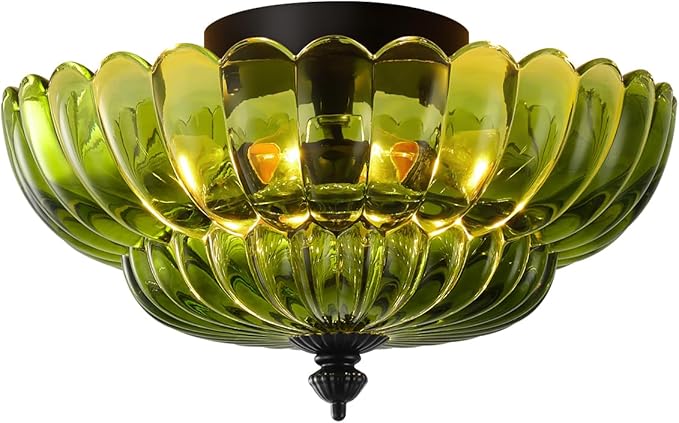 ANYLOVE Modern 12Inch Green Flower Glass Semi Flush Mount Ceiling Light, 3 Light for Living Room Bedroom Hallway Entryway Foyer