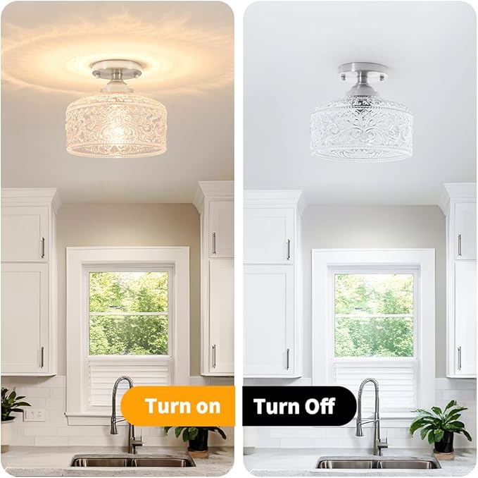 Brushed Nickel Semi Flush Mount Ceiling Light, Antique Ceiling Light with Glass, Indoor Close to Ceiling Light Fixture, Entryway Light Fixtures, Overhead Lighting Fixture for Hallway Kitchen Bedroom