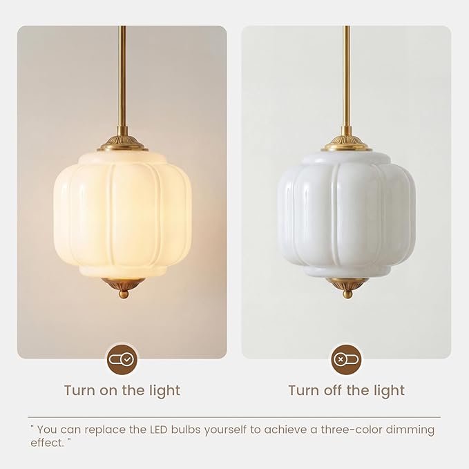 Milk Glass Ceiling Light Fixture - Antique Brass Semi Flush Mount Pendant Light for Kitchen, Hallway, and Bedroom (White, 9 inch)