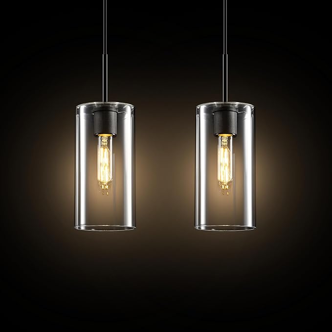 Matte Black Glass Pendant Light: Seeded Clear Glass Pendant Light over Kitchen Island set of 2 - Minimalist Hanging Lights with Short Tube - Height Adjustable Pendants Lighting Fixture for Dining Room