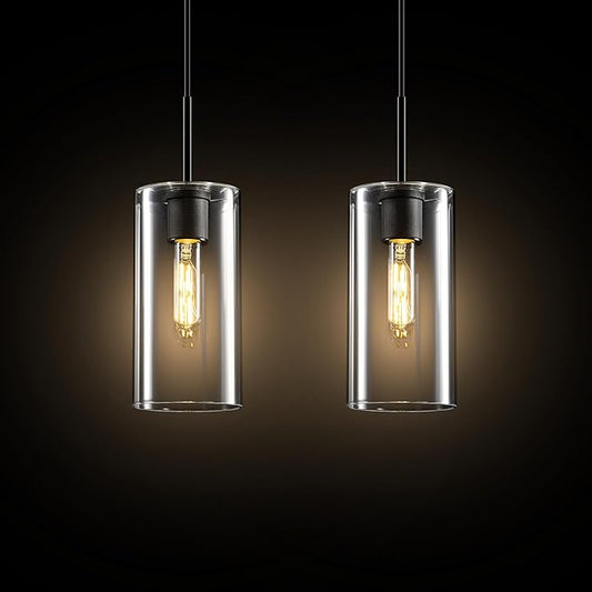 Matte Black Glass Pendant Light: Seeded Clear Glass Pendant Light over Kitchen Island set of 2 - Minimalist Hanging Lights with Short Tube - Height Adjustable Pendants Lighting Fixture for Dining Room