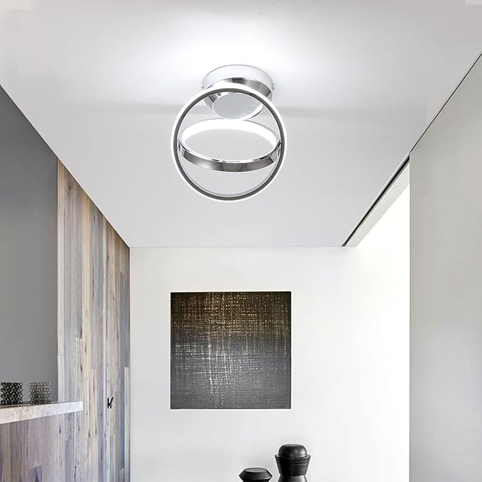 CANEOE Modern Led Ceiling Light Fixtures, 30W Creative Round Led Hallway Lamps with Chrome Finish, 6000K Close to Ceiling Lighting Fixture for Hallway Aisle Living Room Bedroom
