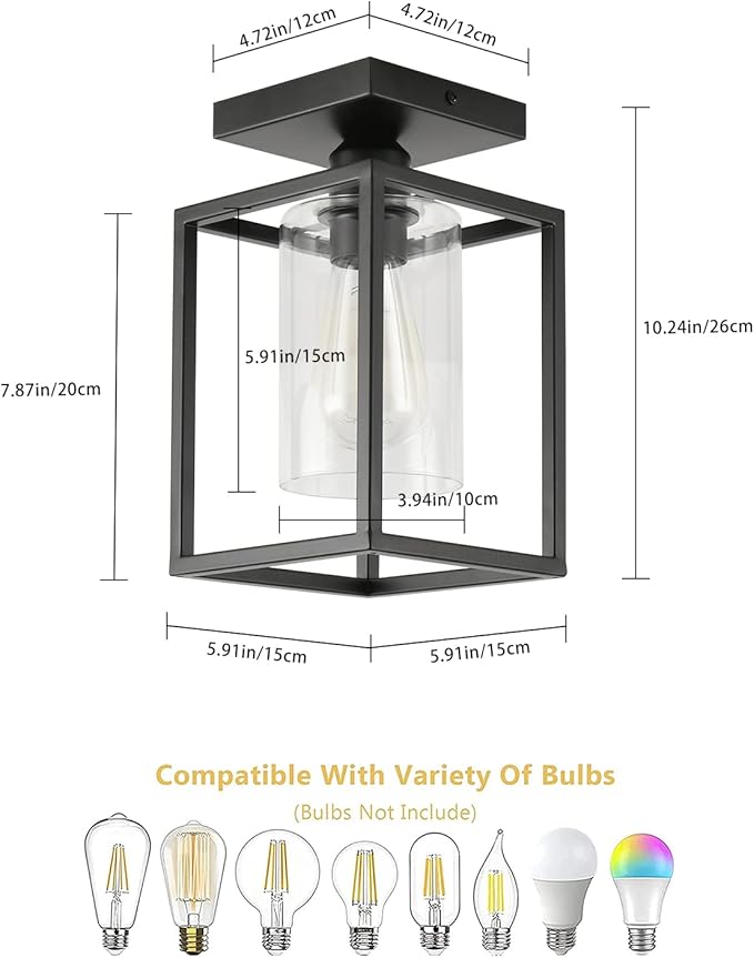 2 Pack Semi Flush Mount Ceiling Light, Black Metal Frame with Clear Glass Shade, Farmhouse Light Fixture for Kitchen, Island, Entryway, Porch, Foyer, Dining Room