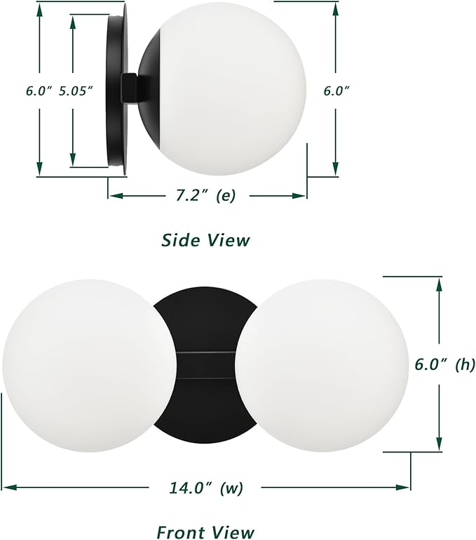 Black Bathroom Vanity Light Fixtures, Modern 2 Lights Globe Wall Sconce Lighting, Porch Wall Mount Light Fixture for Bathroom, Mirror Cabinets Hallway Stairs (Matte Black, 2-Light)