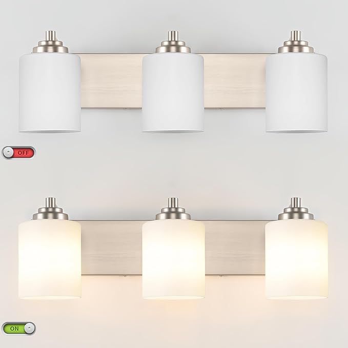 SOLFART Modern Brushed Nickel 3 Light Vanity Sconces for Bathroom, Milky Glass Globe Bathroom Light Fixtures, 3 Lights Over Mirror Wall Mount Lighting (Bulbs Not Included)
