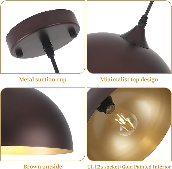 Farmhouse Pendant Light 2 Pack, Vintage Pendant Light Fixtures, Brown Kitchen Pendant Lighting, 11.8 inches Dome Kitchen Pendant Lights, Industrial Pendant Lights for Island Dining Room Bed Room