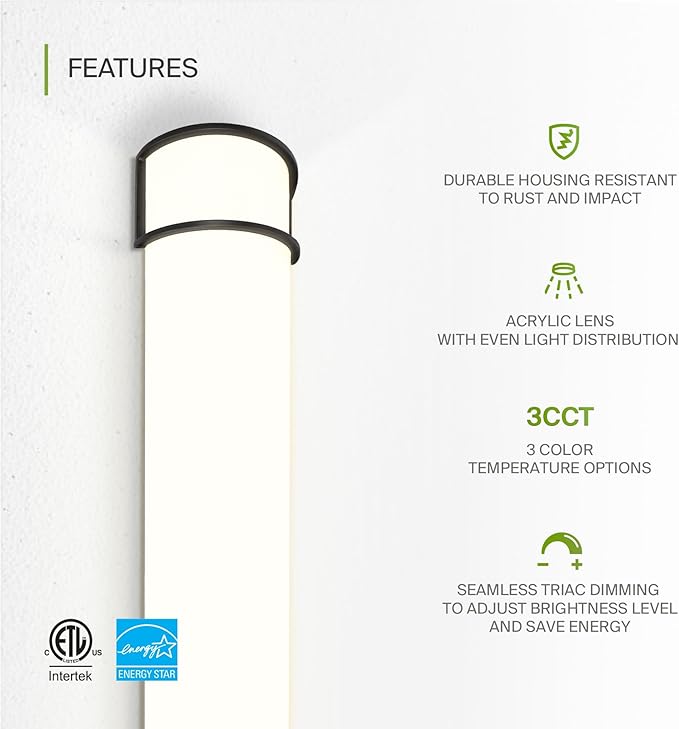 ASD LED 36" Vanity Flush Mount Light Fixture, Linear Bathroom Lighting Bar | 3CCT, Dimmable, Energy Star, ETL Listed | 30W 2650LM 3000-5000K 120V | Long Bath Wall Sconce Over Mirror | Black, 4 Pack