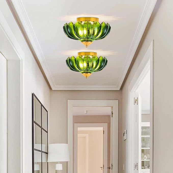 Semi Flush Mount Ceiling Light,Vintage Ceiling Light 9.8 Inch Small Green Glass Ceiling Lighting E26 Hallway Vintage Lights Fixture Ceiling for Living Room, Bedroom, Dining Room