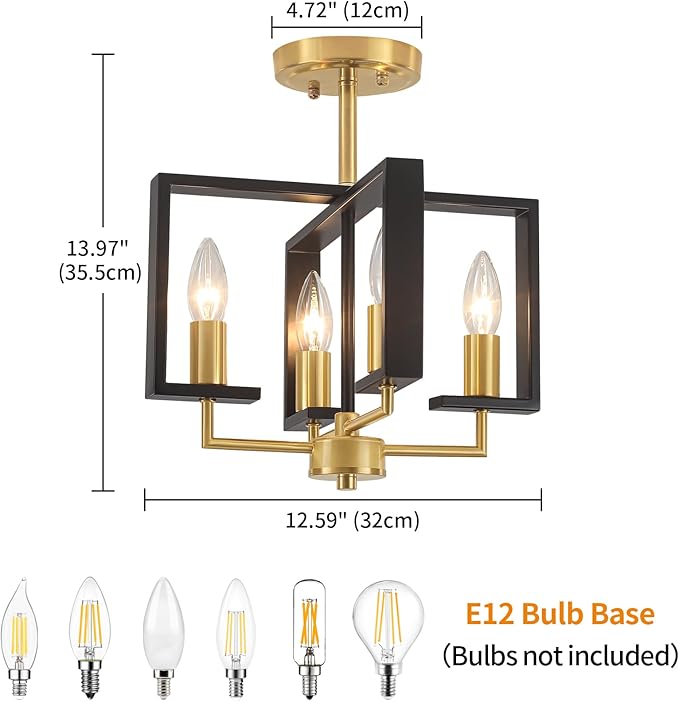 TOULMJ 4-Light Semi Flush Ceiling Light, Black Gold Ceiling Light Fixture, Farmhouse Light Fixture for Kitchen Island Hallway Entryway Laundry Room Bedroom