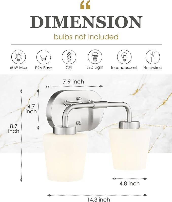 Bathroom Light Fixtures Over Mirror, 2-Light Brushed Nickel Vanity Lighting Fixtures with Milk White Glass, Vintage Farmhouse Wall Sconces Lighting, AD-22004-2W-SN