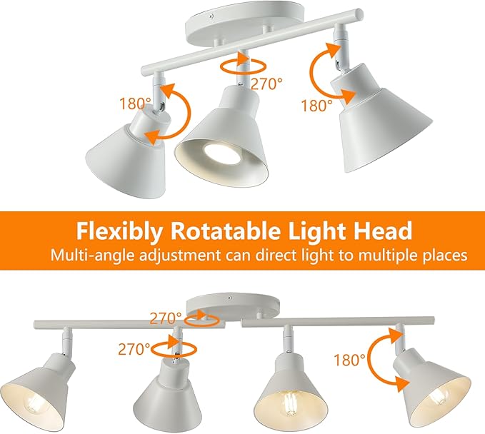 4 Light Plug in Track Lighting Kit,Modern Plug in Ceiling Light Fixture,16.4ft Cord,4 Way Ceiling Spot Lighting,Flexibly Rotatable Light Head (White)