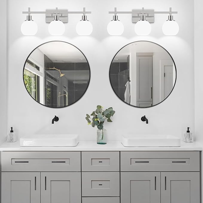 Dpyrrhic Modern Vanity Lighting Fixtures,3-Light Bathroom Lighting Fixtures Over Mirror，Brushed Nickel Wall Mounted Bathroom Vintage Lamp with Milky White Glass Lampshade for Living Room，Bedroom