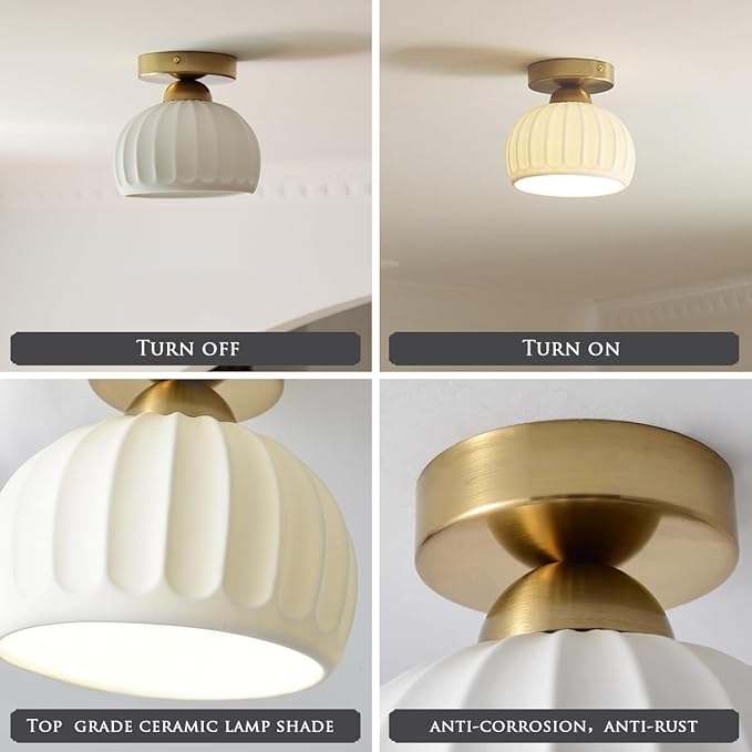 Semi Flush Mount Ceiling Light Fixtures，Small Gold Ceramic Hallway Close to Ceiling Light Farmhouse Light， Small Ceiling Light for Bedroom，Dining Room，Entryway Porch Foyer with E26 Base