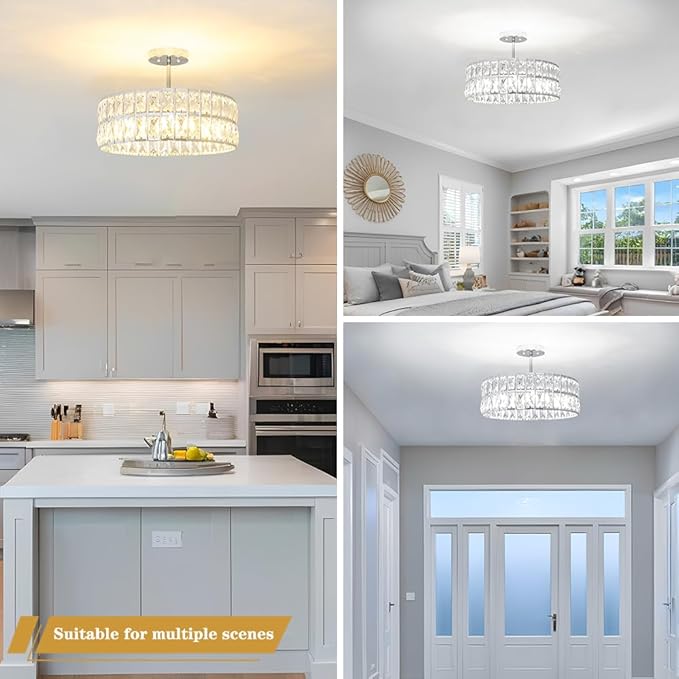 Crystal Ceiling Light Fixture, Modern Chrome Ceiling Light Chandelier, Semi Flush Mount Chandelier Lighting Fixture for Kitchen Entryway Living Room Dining Room, 5-Light, 16 Inch