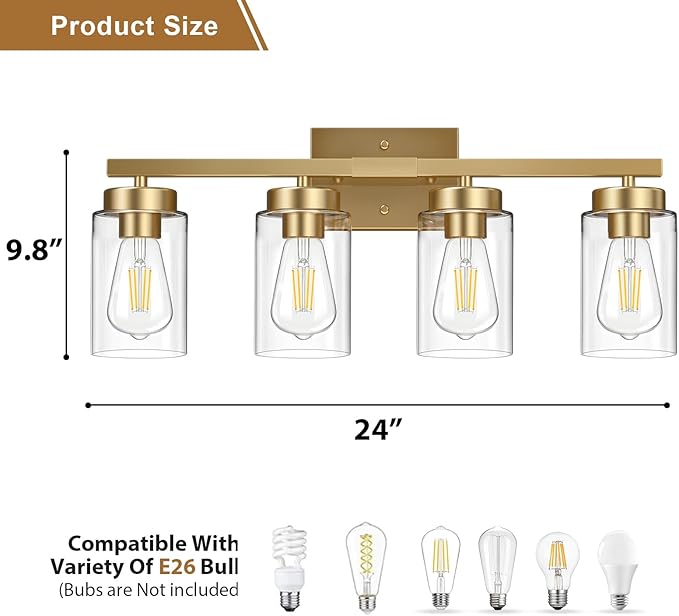 IZORRO Modern Bathroom Light Fixtures, 4 Light Brushed Gold Vanity Lights, Bathroom Lighting Fixtures Over Mirror with Clear Glass for Living Room Cabinet Bedroom