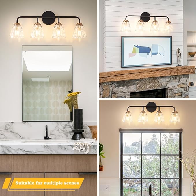 Daunton 4-Light Vintage Vanity Light, Black and Gold Bathroom Vanity Light Fixtures Over Mirror, Elegant Bathroom Light Fixtures with Clear Glass Shade, Wall Sconce Lighting for Bedroom, Living Room