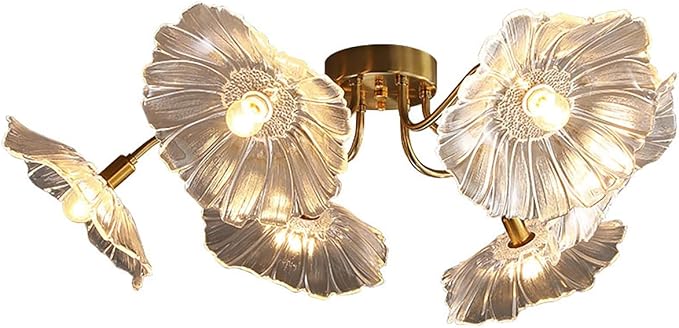 Mid Century Modern Flush Mount Ceiling Light Fixture 6 Lights Gold Brass Ceiling Lights with Clear Glass Flower Shade Sputnik Chandelier Dining Room Large Close to Lighting Fixtures