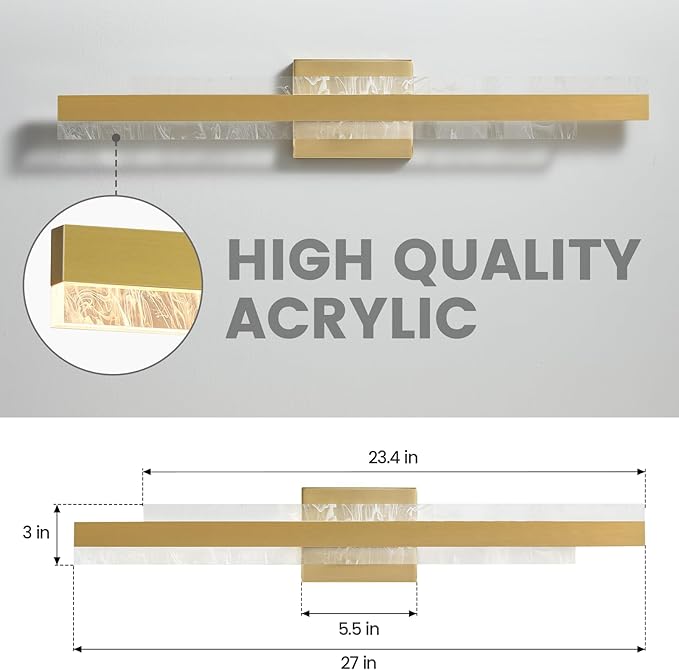 Modern Bathroom Vanity Light: Brushed Gold 27 inch 28W Dimmable LED Bath Bar Light Fixtures Over Mirror - Wall Sconce Picture Lights for Paintings Cabinets Bedroom 3000k