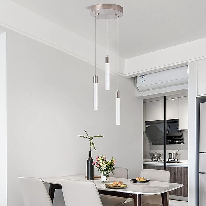 Modern Pendant 3 Light with Adjustable Height - Brushed Nickel & Clear Glass Cylinder Island Lights, 3000-6000K Dimmable Kitchen Pendant Lighting for Kitchen Island, Dining Room, Bar Counter