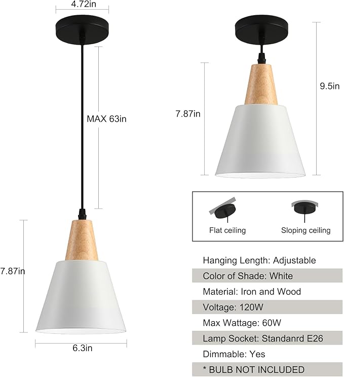 2 Pack Pendant Lights, White Pendant Lights Kitchen Island,Wood Dome Minimalist Industrial Ceiling Hanging Lights for Kitchen Island, Barn, Dining Room, Living Room, Bedroom