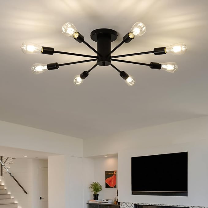 8-Lights Semi Flush Mount Ceiling Light, Matte Black Close to Ceiling Lighting with E26 Base, Modern Sputnik Light Fixtures for Living Room Bedroom Kitchen Dining Room