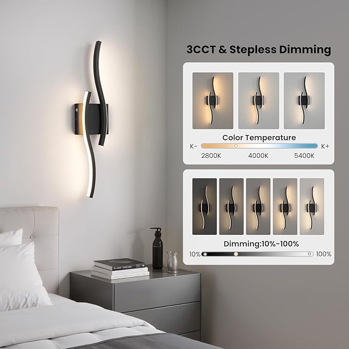 WOSHITU Black Battery Operated Wall Sconces: 23.6 Inch Rechargeable Sconce Wall Lighting Set of Two with Remote & 3CCT Dimmable, Modern Cordless Wall Light for Bedroom Living Room Hallway Bathroom