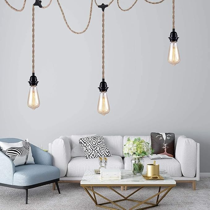 3-Light Hanging Light with Plug in Cord,Plug in Pendant Light 22ft Hemp Rope Pendant Lighting Vintage 3-Light Hanging Lamp Fixtures for Kitchen Island Living Room Bedroom