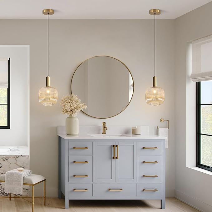 BOKT Modern Large Amber Glass Globe Pendant Light Fixture Brushed Brass Gold Kitchen Island Pendant Lighting Farmhouse Single 1-Light Spherical Ceiling Hanging Pendant Light (Amber)
