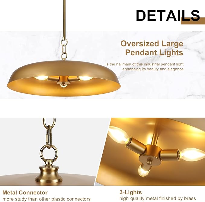 Large Gold Pendant Lights 20 Inch, 3-Lights Modern Brushed Gold Dome Chandelier, Farmhouse Pendant Lighting Fixture Ceiling Hanging Light for Kitchen Island, Dining Room, Cafe, Bar