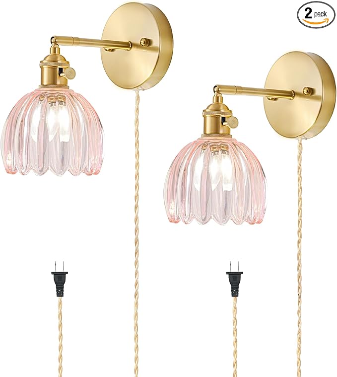 Plug in Wall Sconces Set of 2, Vintage Wall Sconce Light with Tulip Pink Glass Lampshade, Bedroom Wall Sconce with Switch and Plug in wall lamp Cord, Gold Wall Light Wall Decor Set of 2