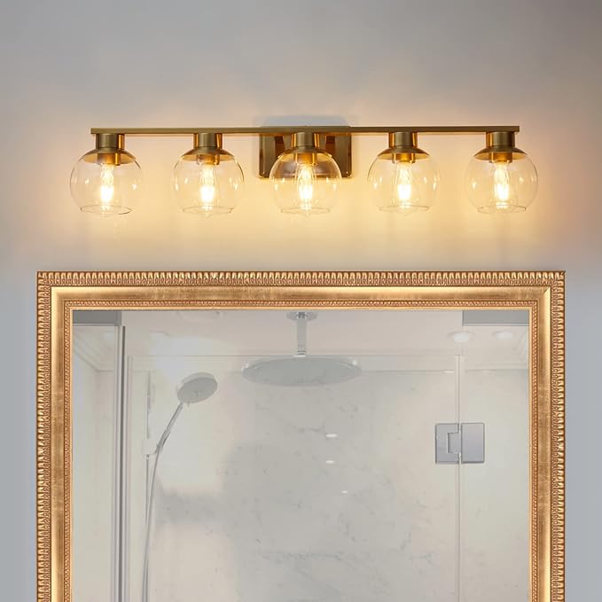 PAZALA Brushed Brass Bathroom Light Fixtures Over Mirror 5-Lights Vanity Light Wall Sconce with Globe Glass Shade E26 Base Perfect for Hallway Picture Wall Lighting Bathroom Bedroom Mirror Living Room