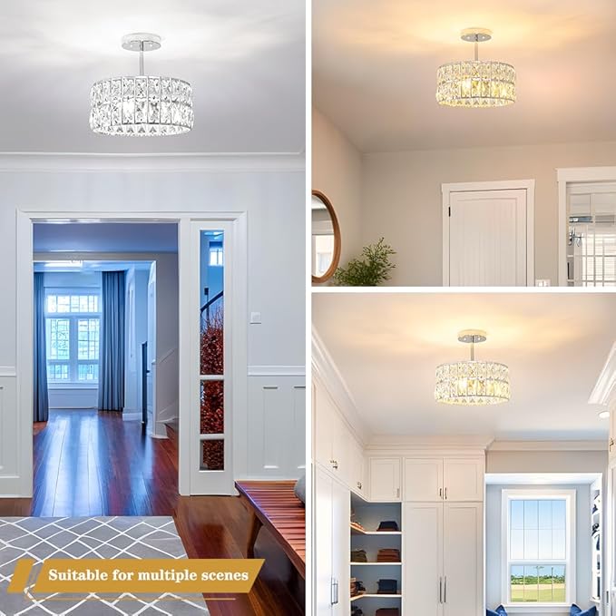 Chrome Crystal Ceiling Light, Modern Semi Flush Mount Ceiling Lighting, Hallway Lighting Fixtures, Small Chandelier Light Fixture for Kitchen Entryway Bedroom Dining Room, 3-Light, 12 Inch