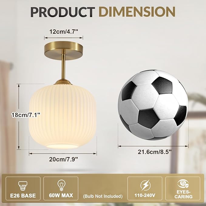 BOKT Vintage Semi Flush Mount Ceiling Light 7.9" Stripe Glass Shade Modern Ceiling Lamp Mid Century Gold Ceiling Light Fixture for Farmhouse, Kitchen Island, Hallway