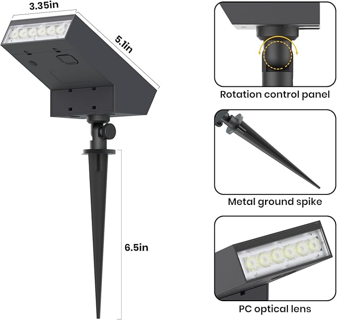 SOTTLOT Solar Spot Lights Outdoor, Solar Pathway Lights, Metal Ground Spike | 4 Working Modes, 500LM Solar Landscape Light, IP65 Waterproof Solar Powered Outdoor Lights for Lawn Yard Garden Patio, 2pcs