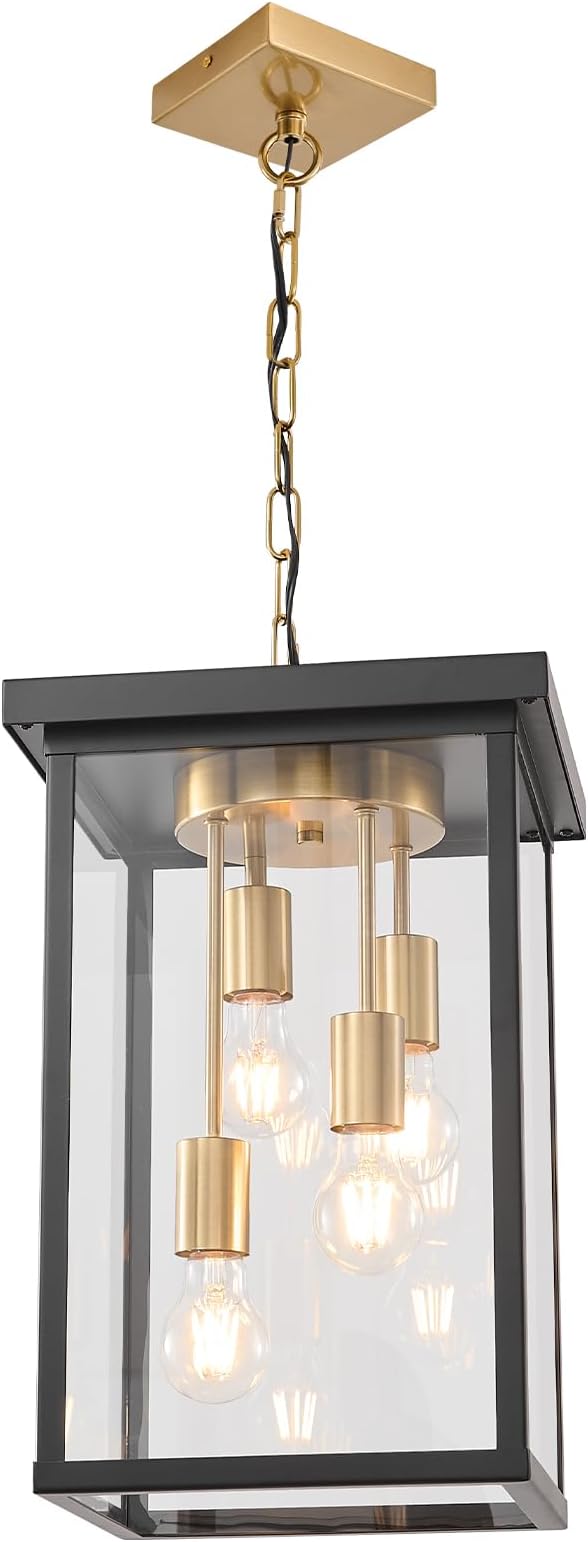 LOUSACE 16.7'' Outdoor Pendant Light for Porch, 4-Light Large Exterior Pendant Porch Lights with Clear Glass, Black & Brushed Brass Outdoor Chandelier Exterior Haninging Light Fixtures for Entrance